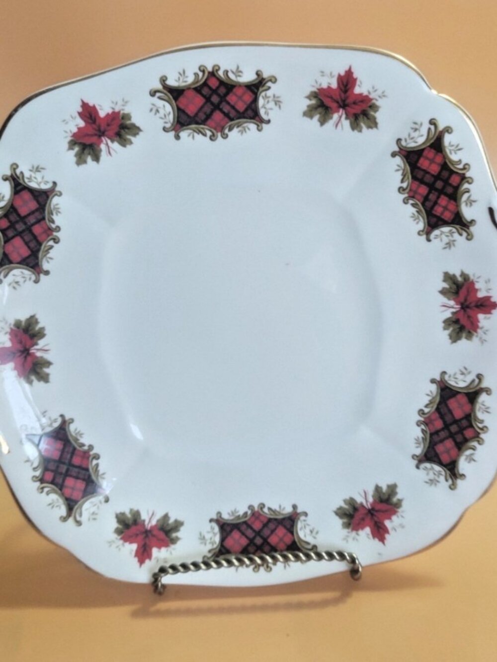 Royal Adderley Cake Plate Maple Leaf Tartan, Made in England 9 3/4" x 9"